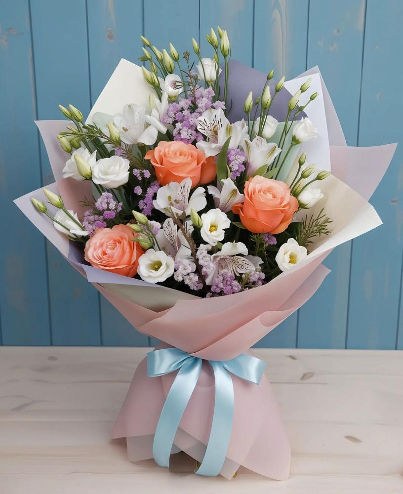 Букет цветов из: Лизиантусы, Розы, Альстромерии и Гипсофила в Новый Адыгея