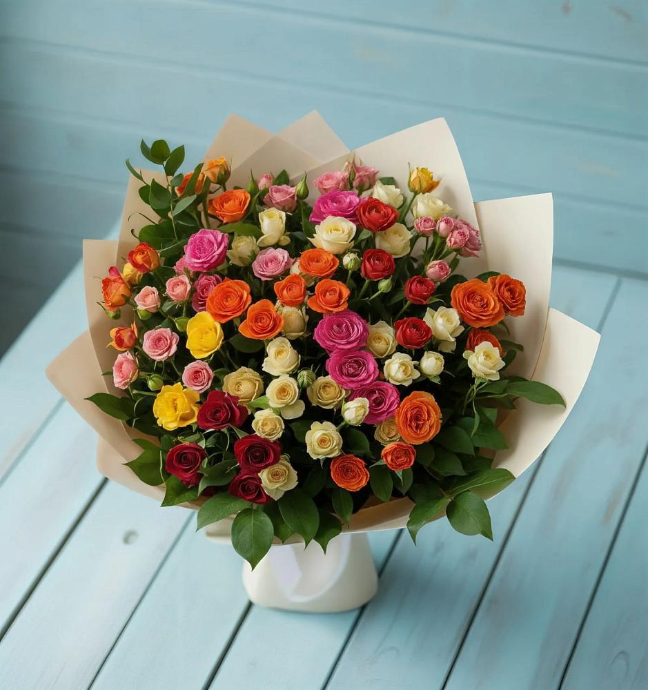 Букет Микс из разноцветных кустовых роз в Новый Адыгея
