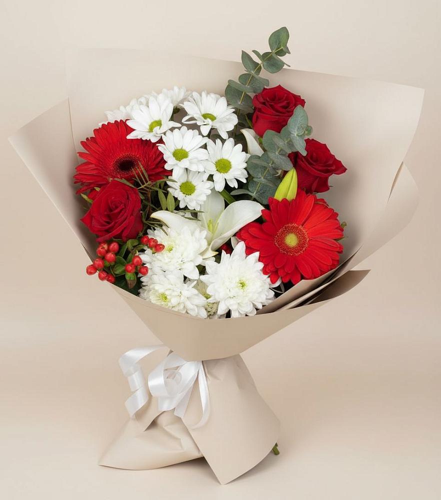 Букет цветов из: Розы, Хризантемы, Герберы и Лилии в Новый Адыгея
