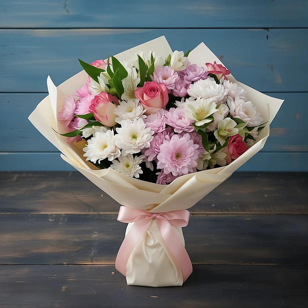 Букет цветов из: Хризантемы, Альстромерии и Розы в Новый Адыгея